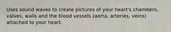 Uses sound waves to create pictures of your heart's chambers, valves, walls and the blood vessels (aorta, arteries, veins) attached to your heart.