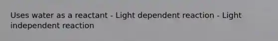 Uses water as a reactant - Light dependent reaction - Light independent reaction