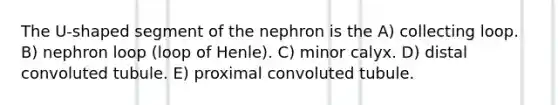 The U-shaped segment of the nephron is the A) collecting loop. B) nephron loop (loop of Henle). C) minor calyx. D) distal convoluted tubule. E) proximal convoluted tubule.