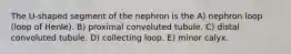 The U-shaped segment of the nephron is the A) nephron loop (loop of Henle). B) proximal convoluted tubule. C) distal convoluted tubule. D) collecting loop. E) minor calyx.