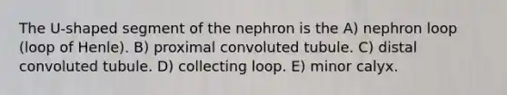 The U-shaped segment of the nephron is the A) nephron loop (loop of Henle). B) proximal convoluted tubule. C) distal convoluted tubule. D) collecting loop. E) minor calyx.