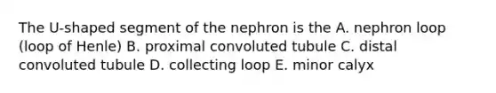 The U-shaped segment of the nephron is the A. nephron loop (loop of Henle) B. proximal convoluted tubule C. distal convoluted tubule D. collecting loop E. minor calyx