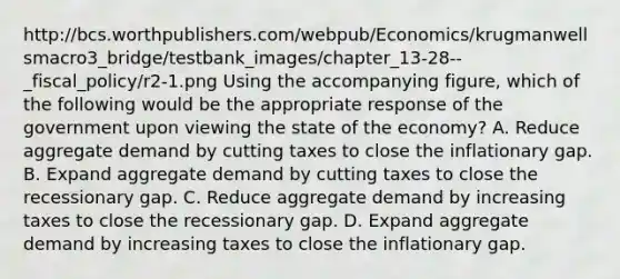 http://bcs.worthpublishers.com/webpub/Economics/krugmanwellsmacro3_bridge/testbank_images/chapter_13-28--_fiscal_policy/r2-1.png Using the accompanying figure, which of the following would be the appropriate response of the government upon viewing the state of the economy? A. Reduce aggregate demand by cutting taxes to close the inflationary gap. B. Expand aggregate demand by cutting taxes to close the recessionary gap. C. Reduce aggregate demand by increasing taxes to close the recessionary gap. D. Expand aggregate demand by increasing taxes to close the inflationary gap.