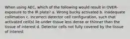 When using AEC, which of the following would result in OVER-exposure to the IR plate? a. Wrong bucky activated b. Inadequate collimation c. Incorrect detector cell configuration, such that activated cell(s) lie under tissue less dense or thinner than the tissue of interest d. Detector cells not fully covered by the tissue of interest