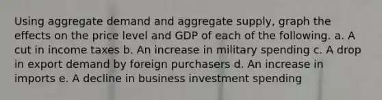 Using aggregate demand and aggregate supply, graph the effects on the price level and GDP of each of the following. a. A cut in income taxes b. An increase in military spending c. A drop in export demand by foreign purchasers d. An increase in imports e. A decline in business investment spending