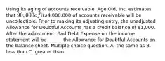 Using its aging of accounts receivable, Age Old, Inc. estimates that 90,000 of its4,000,000 of accounts receivable will be uncollectible. Prior to making its adjusting entry, the unadjusted Allowance for Doubtful Accounts has a credit balance of 1,000. After the adjustment, Bad Debt Expense on the income statement will be ______ the Allowance for Doubtful Accounts on the balance sheet. Multiple choice question. A. the same as B. less than C. greater than