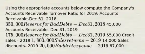 Using the appropriate accounts below compute the Company's Accounts Receivable Turnover Ratio for 2019: Accounts Receivable-Dec 31, 2018 350,000 Reserve for Bad Debts- Dec 31, 2018 45,000 Accounts Receivable- Dec 31, 2019 175,000 Reserve for Bad Debts- Dec 31, 2019 55,000 Credit sales - 2019 1,800,000 Sales returns-2019 14,000 Sales discounts- 2019 20,000 Bad debt expense- 2019 67,000