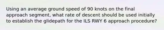 Using an average ground speed of 90 knots on the final approach segment, what rate of descent should be used initially to establish the glidepath for the ILS RWY 6 approach procedure?