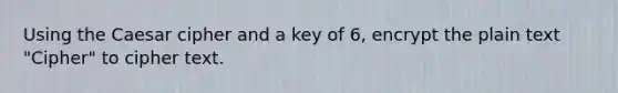 Using the Caesar cipher and a key of 6, encrypt the plain text "Cipher" to cipher text.