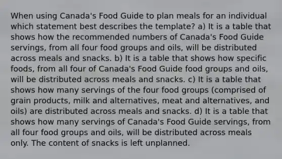 When using Canada's Food Guide to plan meals for an individual which statement best describes the template? a) It is a table that shows how the recommended numbers of Canada's Food Guide servings, from all four food groups and oils, will be distributed across meals and snacks. b) It is a table that shows how specific foods, from all four of Canada's Food Guide food groups and oils, will be distributed across meals and snacks. c) It is a table that shows how many servings of the four food groups (comprised of grain products, milk and alternatives, meat and alternatives, and oils) are distributed across meals and snacks. d) It is a table that shows how many servings of Canada's Food Guide servings, from all four food groups and oils, will be distributed across meals only. The content of snacks is left unplanned.