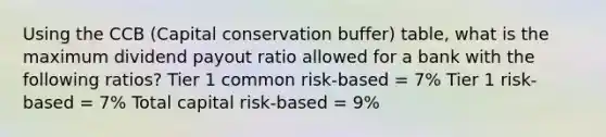 Using the CCB (Capital conservation buffer) table, what is the maximum dividend payout ratio allowed for a bank with the following ratios? Tier 1 common risk-based = 7% Tier 1 risk-based = 7% Total capital risk-based = 9%