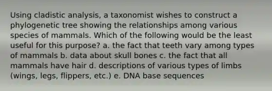 Using cladistic analysis, a taxonomist wishes to construct a phylogenetic tree showing the relationships among various species of mammals. Which of the following would be the least useful for this purpose? a. the fact that teeth vary among types of mammals b. data about skull bones c. the fact that all mammals have hair d. descriptions of various types of limbs (wings, legs, flippers, etc.) e. DNA base sequences