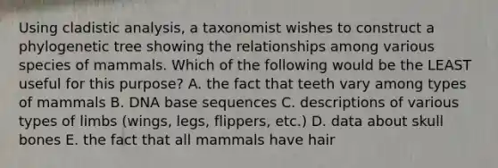 Using cladistic analysis, a taxonomist wishes to construct a phylogenetic tree showing the relationships among various species of mammals. Which of the following would be the LEAST useful for this purpose? A. the fact that teeth vary among types of mammals B. DNA base sequences C. descriptions of various types of limbs (wings, legs, flippers, etc.) D. data about skull bones E. the fact that all mammals have hair