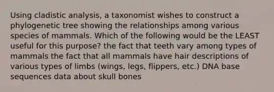 Using cladistic analysis, a taxonomist wishes to construct a phylogenetic tree showing the relationships among various species of mammals. Which of the following would be the LEAST useful for this purpose? the fact that teeth vary among types of mammals the fact that all mammals have hair descriptions of various types of limbs (wings, legs, flippers, etc.) DNA base sequences data about skull bones