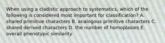 When using a cladistic approach to systematics, which of the following is considered most important for classification? A. shared primitive characters B. analogous primitive characters C. shared derived characters D. the number of homoplasies E. overall phenotypic similarity