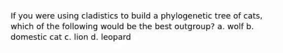 If you were using cladistics to build a phylogenetic tree of cats, which of the following would be the best outgroup? a. wolf b. domestic cat c. lion d. leopard