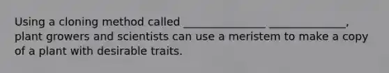 Using a cloning method called _______________ ______________, plant growers and scientists can use a meristem to make a copy of a plant with desirable traits.