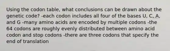 Using the codon table, what conclusions can be drawn about the genetic code? -each codon includes all four of the bases U, C, A, and G -many amino acids are encoded by multiple codons -the 64 codons are roughly evenly distributed between amino acid codon and stop codons -there are three codons that specify the end of translation