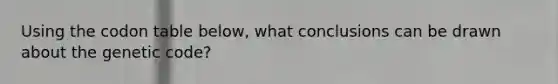 Using the codon table below, what conclusions can be drawn about the genetic code?