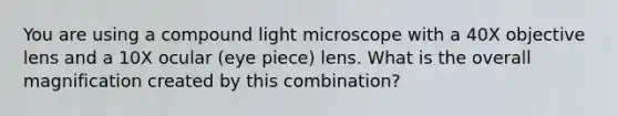 You are using a compound light microscope with a 40X objective lens and a 10X ocular (eye piece) lens. What is the overall magnification created by this combination?