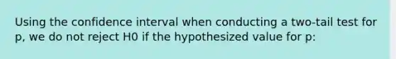 Using the confidence interval when conducting a two-tail test for p, we do not reject H0 if the hypothesized value for p: