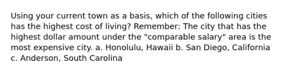 Using your current town as a basis, which of the following cities has the highest cost of living? Remember: The city that has the highest dollar amount under the "comparable salary" area is the most expensive city. a. Honolulu, Hawaii b. San Diego, California c. Anderson, South Carolina