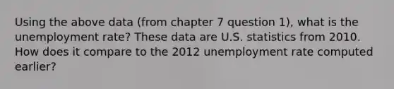 Using the above data (from chapter 7 question 1), what is the unemployment rate? These data are U.S. statistics from 2010. How does it compare to the 2012 unemployment rate computed earlier?