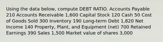 Using the data below, compute DEBT RATIO. Accounts Payable 210 Accounts Receivable 1,600 Capital Stock 120 Cash 50 Cost of Goods Sold 300 Inventory 190 Long-term Debt 1,820 Net Income 140 Property, Plant, and Equipment (net) 700 Retained Earnings 390 Sales 1,500 Market value of shares 3,000