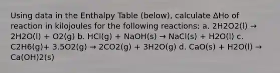 Using data in the Enthalpy Table (below), calculate ∆Ho of reaction in kilojoules for the following reactions: a. 2H2O2(l) → 2H2O(l) + O2(g) b. HCl(g) + NaOH(s) → NaCl(s) + H2O(l) c. C2H6(g)+ 3.5O2(g) → 2CO2(g) + 3H2O(g) d. CaO(s) + H2O(l) → Ca(OH)2(s)