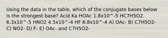 Using the data in the table, which of the conjugate bases below is the strongest base? Acid Ka HOAc 1.8x10^-5 HC7H5O2. 6.3x10^-5 HNO2 4.5x10^-4 HF 6.8x10^-4 A) OAc- B) C7H5O2- C) NO2- D) F- E) OAc- and C7H5O2-