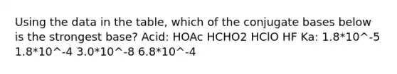 Using the data in the table, which of the conjugate bases below is the strongest base? Acid: HOAc HCHO2 HClO HF Ka: 1.8*10^-5 1.8*10^-4 3.0*10^-8 6.8*10^-4