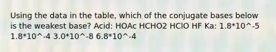 Using the data in the table, which of the conjugate bases below is the weakest base? Acid: HOAc HCHO2 HClO HF Ka: 1.8*10^-5 1.8*10^-4 3.0*10^-8 6.8*10^-4