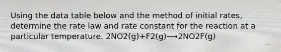 Using the data table below and the method of initial rates, determine the rate law and rate constant for the reaction at a particular temperature. 2NO2(g)+F2(g)⟶2NO2F(g)