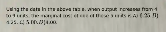 Using the data in the above table, when output increases from 4 to 9 units, the marginal cost of one of those 5 units is A) 6.25. B)4.25. C) 5.00. D)4.00.