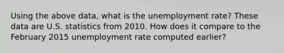 Using the above data, what is the unemployment rate? These data are U.S. statistics from 2010. How does it compare to the February 2015 unemployment rate computed earlier?