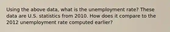 Using the above data, what is the unemployment rate? These data are U.S. statistics from 2010. How does it compare to the 2012 unemployment rate computed earlier?