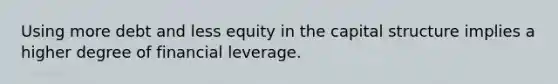 Using more debt and less equity in the capital structure implies a higher degree of financial leverage.