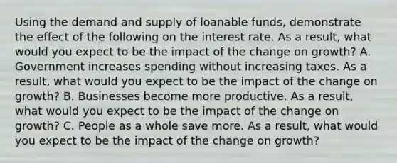 Using the demand and supply of loanable funds, demonstrate the effect of the following on the interest rate. As a result, what would you expect to be the impact of the change on growth? A. Government increases spending without increasing taxes. As a result, what would you expect to be the impact of the change on growth? B. Businesses become more productive. As a result, what would you expect to be the impact of the change on growth? C. People as a whole save more. As a result, what would you expect to be the impact of the change on growth?