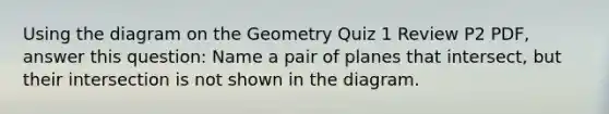 Using the diagram on the Geometry Quiz 1 Review P2 PDF, answer this question: Name a pair of planes that intersect, but their intersection is not shown in the diagram.