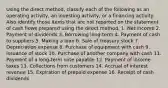 Using the direct method, classify each of the following as an operating activity, an investing activity, or a financing activity. Also identify those items that are not reported on the statement of cash flows prepared using the direct method. 1. Net income 2. Payment of dividends 3. Borrowing long-term 4. Payment of cash to suppliers 5. Making a loan 6. Sale of treasury stock 7. Depreciation expense 8. Purchase of equipment with cash 9. Issuance of stock 10. Purchase of another company with cash 11. Payment of a long-term note payable 12. Payment of income taxes 13. Collections from customers 14. Accrual of interest revenue 15. Expiration of prepaid expense 16. Receipt of cash dividends