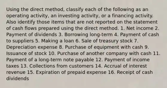 Using the direct method, classify each of the following as an operating activity, an investing activity, or a financing activity. Also identify those items that are not reported on the statement of cash flows prepared using the direct method. 1. Net income 2. Payment of dividends 3. Borrowing long-term 4. Payment of cash to suppliers 5. Making a loan 6. Sale of treasury stock 7. Depreciation expense 8. Purchase of equipment with cash 9. Issuance of stock 10. Purchase of another company with cash 11. Payment of a long-term note payable 12. Payment of income taxes 13. Collections from customers 14. Accrual of interest revenue 15. Expiration of prepaid expense 16. Receipt of cash dividends