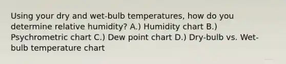 Using your dry and wet-bulb temperatures, how do you determine relative humidity? A.) Humidity chart B.) Psychrometric chart C.) Dew point chart D.) Dry-bulb vs. Wet-bulb temperature chart