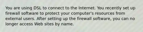 You are using DSL to connect to the Internet. You recently set up firewall software to protect your computer's resources from external users. After setting up the firewall software, you can no longer access Web sites by name.