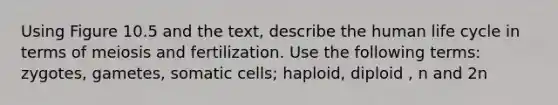 Using Figure 10.5 and the text, describe the human life cycle in terms of meiosis and fertilization. Use the following terms: zygotes, gametes, somatic cells; haploid, diploid , n and 2n