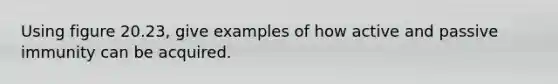 Using figure 20.23, give examples of how active and passive immunity can be acquired.