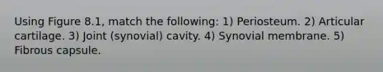 Using Figure 8.1, match the following: 1) Periosteum. 2) Articular cartilage. 3) Joint (synovial) cavity. 4) Synovial membrane. 5) Fibrous capsule.