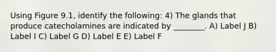 Using Figure 9.1, identify the following: 4) The glands that produce catecholamines are indicated by ________. A) Label J B) Label I C) Label G D) Label E E) Label F