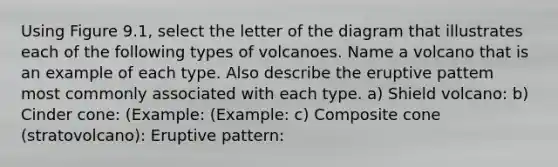 Using Figure 9.1, select the letter of the diagram that illustrates each of the following types of volcanoes. Name a volcano that is an example of each type. Also describe the eruptive pattem most commonly associated with each type. a) Shield volcano: b) Cinder cone: (Example: (Example: c) Composite cone (stratovolcano): Eruptive pattern: