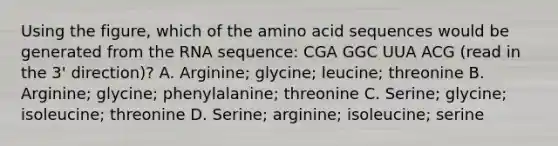 Using the figure, which of the amino acid sequences would be generated from the RNA sequence: CGA GGC UUA ACG (read in the 3' direction)? A. Arginine; glycine; leucine; threonine B. Arginine; glycine; phenylalanine; threonine C. Serine; glycine; isoleucine; threonine D. Serine; arginine; isoleucine; serine