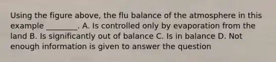 Using the figure above, the flu balance of the atmosphere in this example ________. A. Is controlled only by evaporation from the land B. Is significantly out of balance C. Is in balance D. Not enough information is given to answer the question